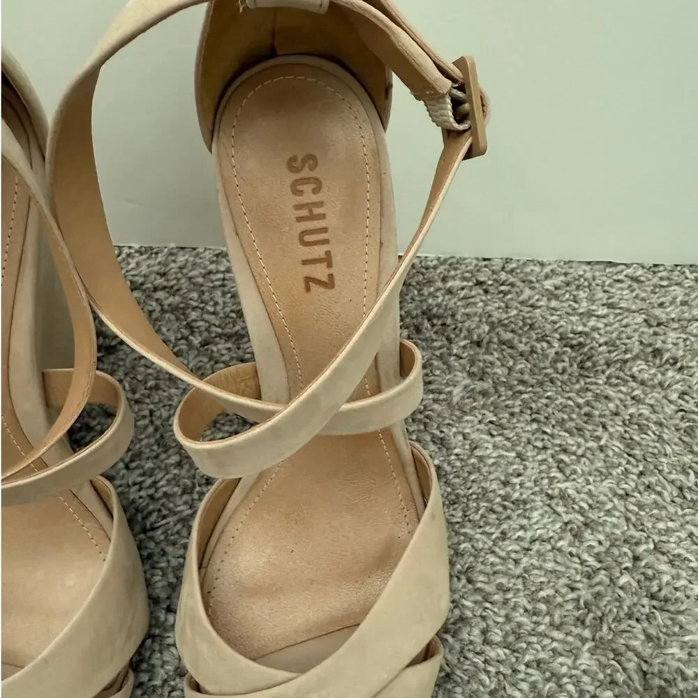 Schutz Wedge Strappy Sandals Beige Nubuck Size 8